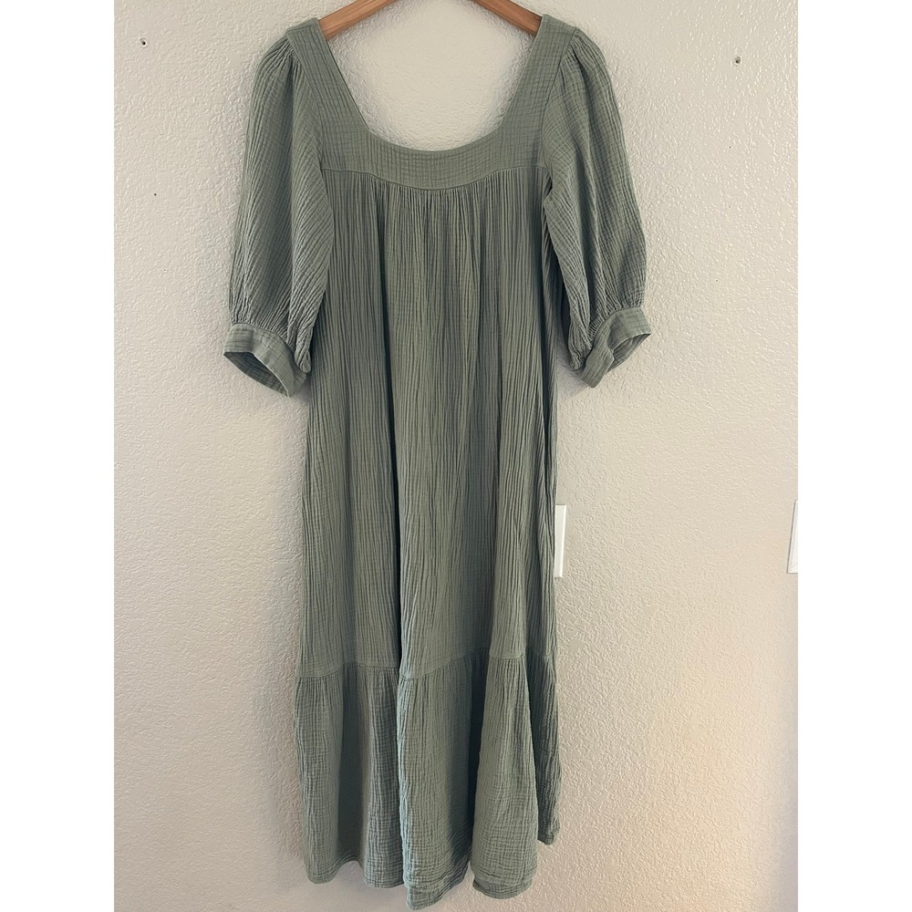 Christy Dawn Bianca Organic Cotton Gauze Midi Dress Sage Green Tiered S - Picture 3 of 9